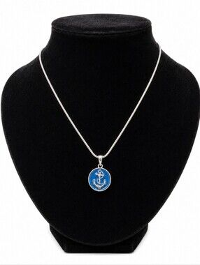Blue Enamel Anchor Pendant Necklace Silver Tone Snake Chain Nautical Maritime Ch